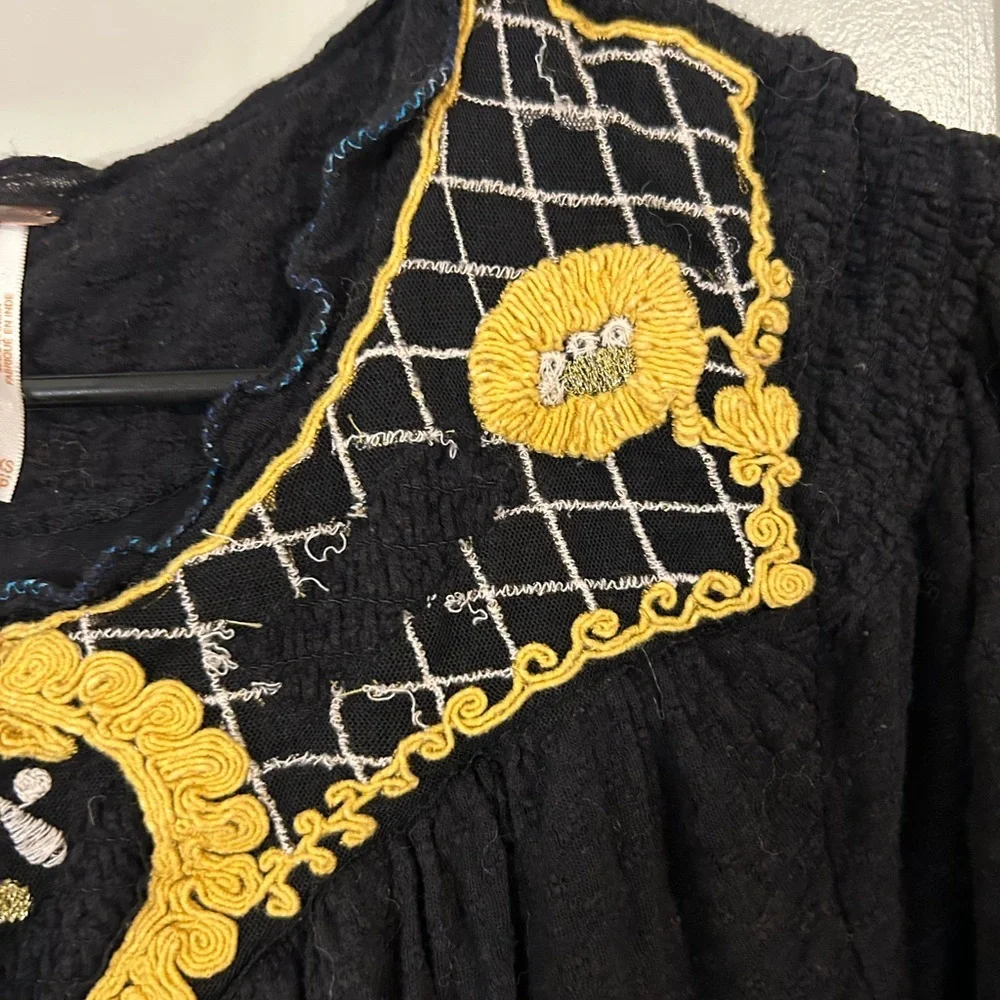 Free People Begonia Black and Gold embroidered Women's Top
